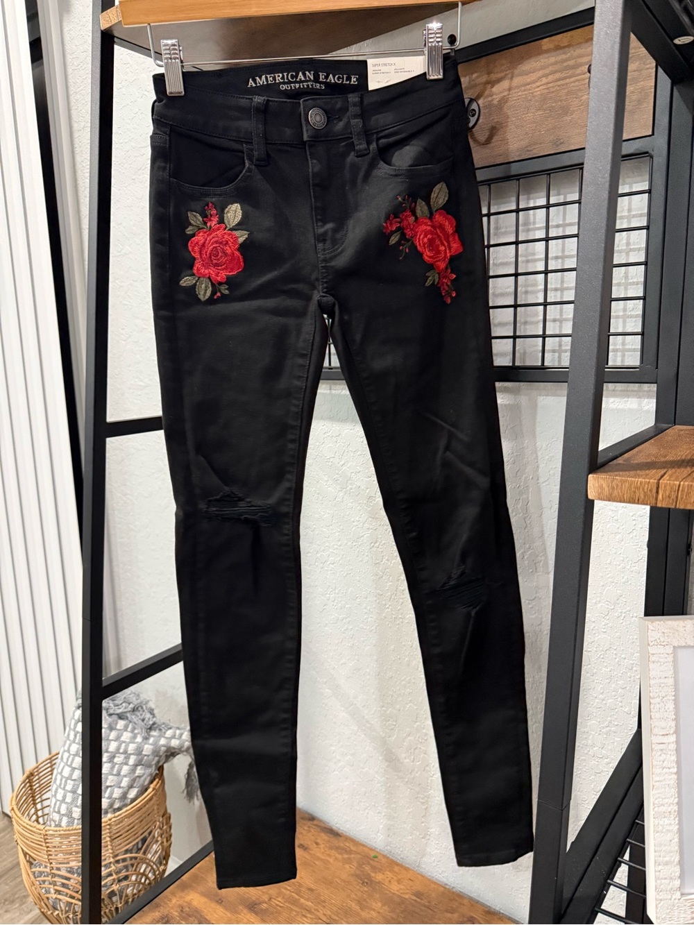 American Eagle Outfitters Black Skinny Jeans with Red Rose Embroidery
